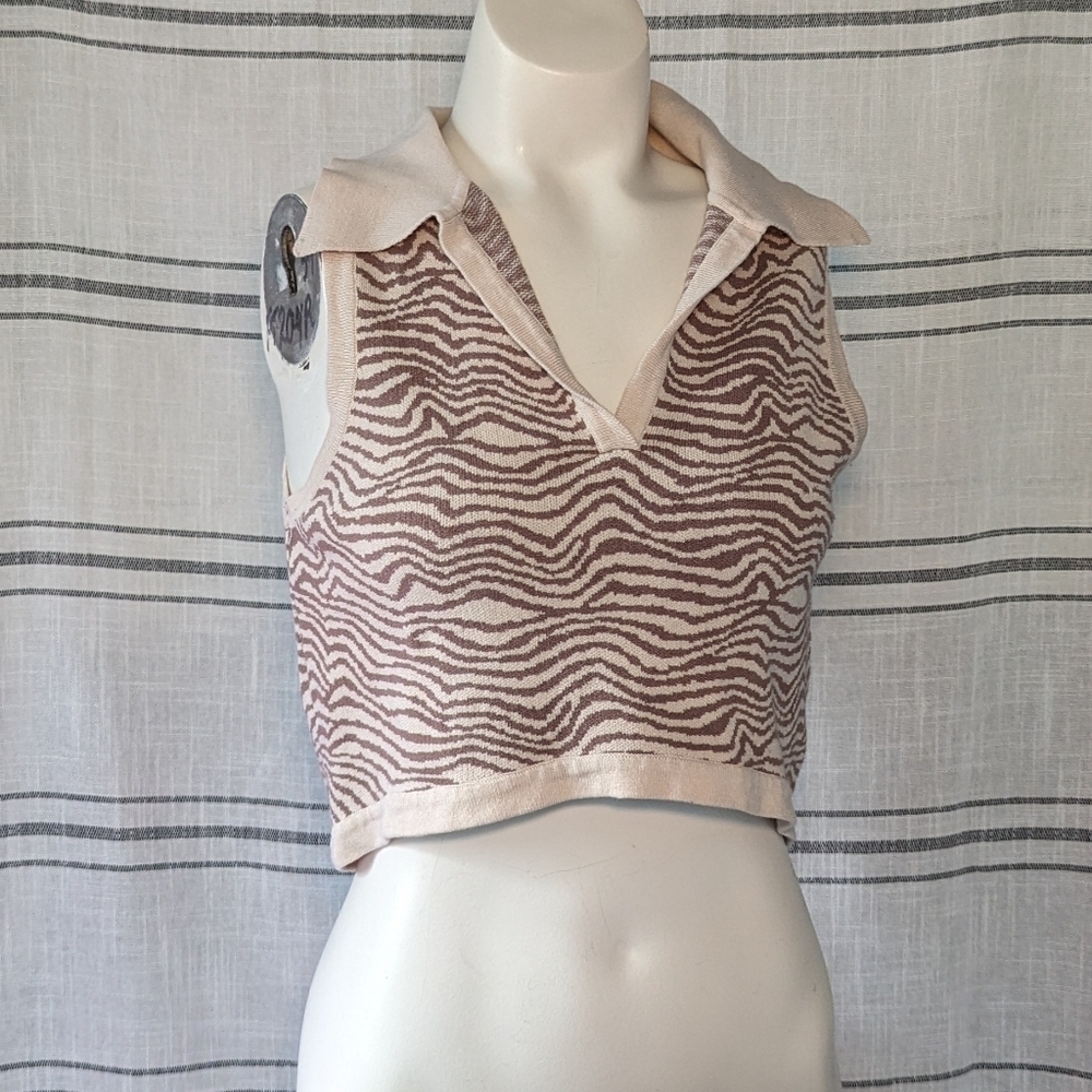 Y2K Collared Zebra-Print Sweater Crop Top‎